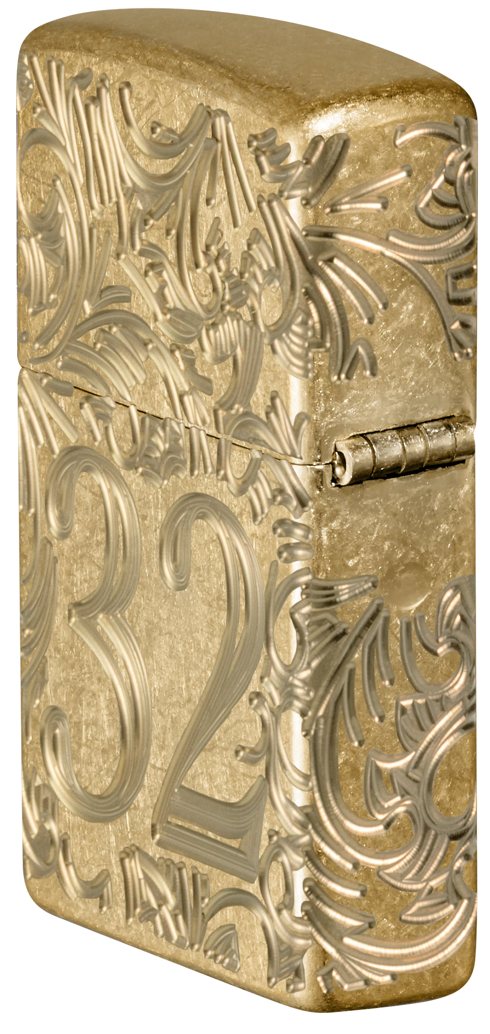 Angled shot of  Zippo 1932 Filigree Design  Armor® Tumbled Brass Windproof Lighter showing the back and hinge sides of the lighter.