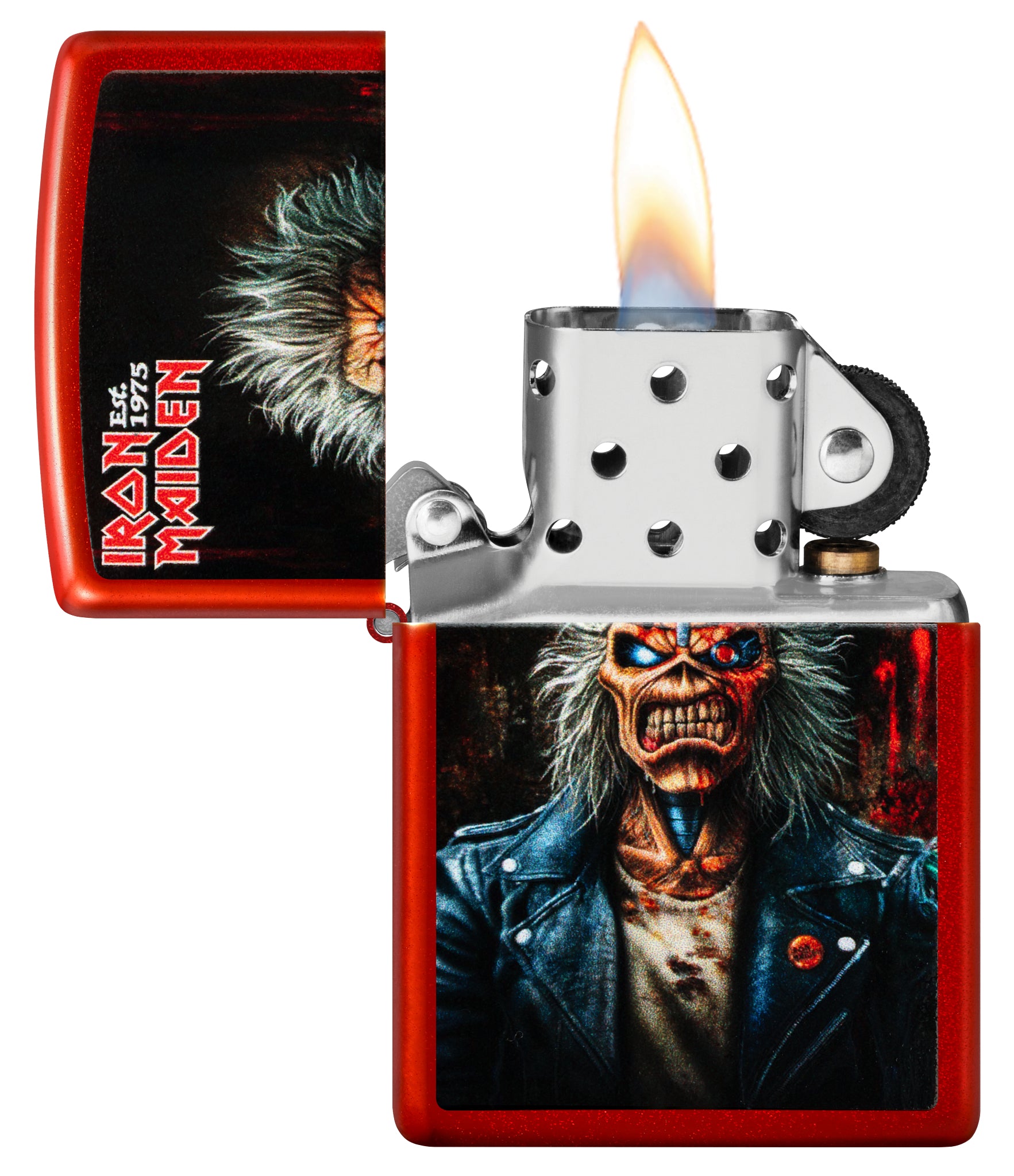 Zippo Iron Maiden 50th Metallic Red Windproof Lighter with its lid open and lit.