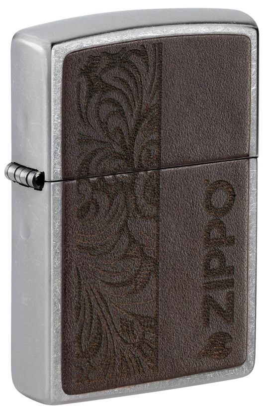 Front shot of Zippo Brown Leather Emblem - Zippo Design Street Chrome Windproof Lighter standing at a 3/4 angle.