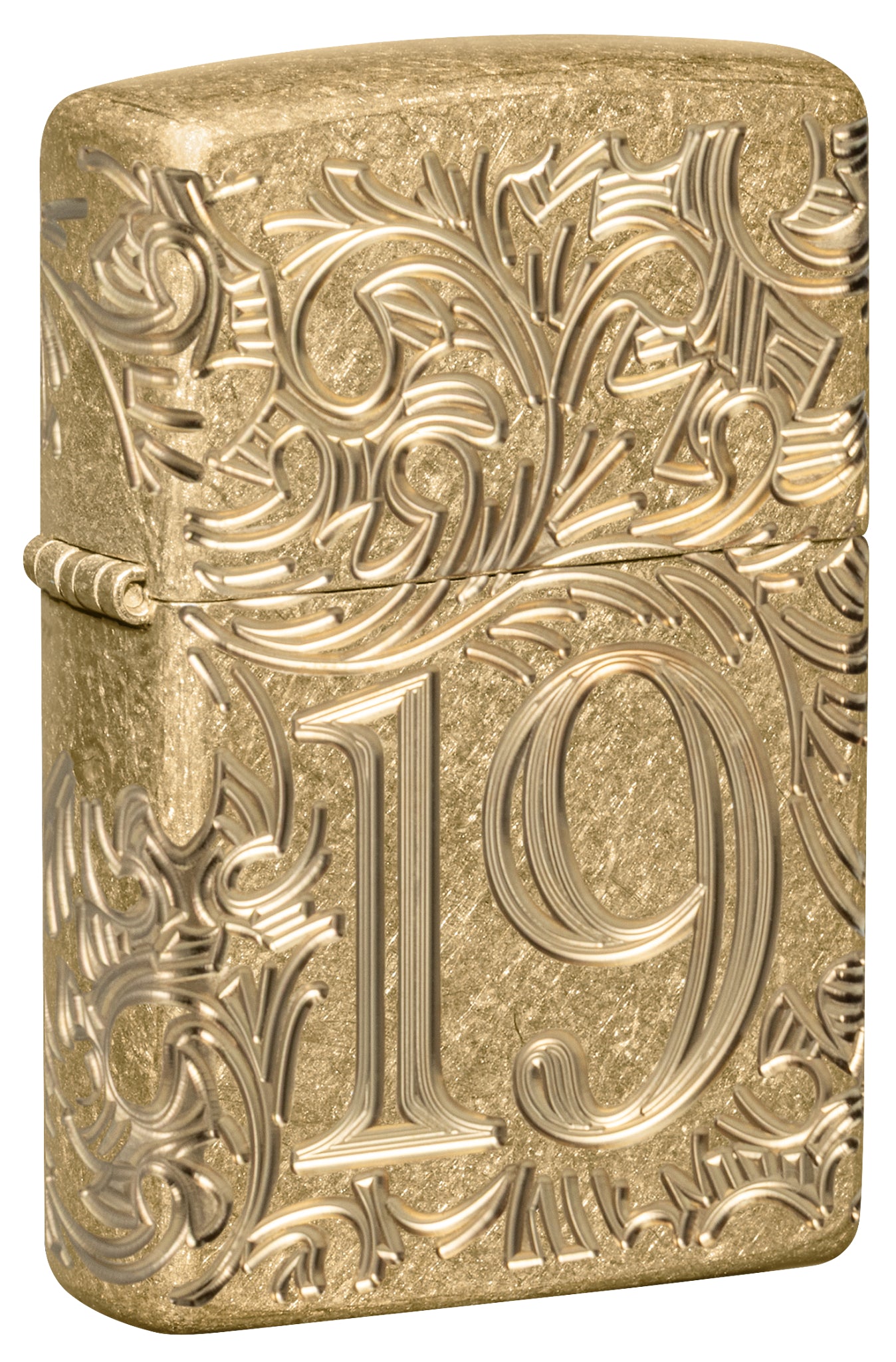 Front shot of Zippo 1932 Filigree Design  Armor® Tumbled Brass Windproof Lighter standing at a 3/4 angle.