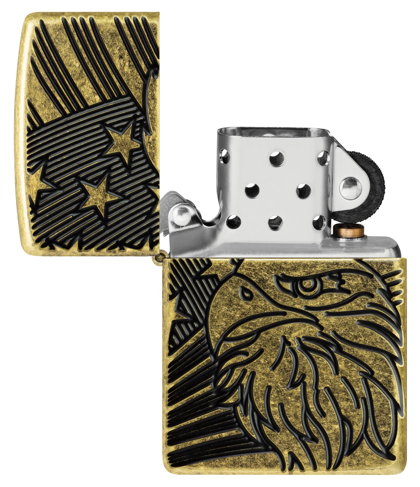 Zippo Eagle and Flag Design Armor® Antique Brass Windproof Lighter with its lid open and unlit.