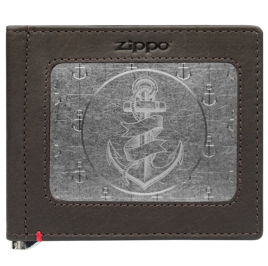 Front of mocha Leather Wallet With Anchor Metal Plate - ID Window