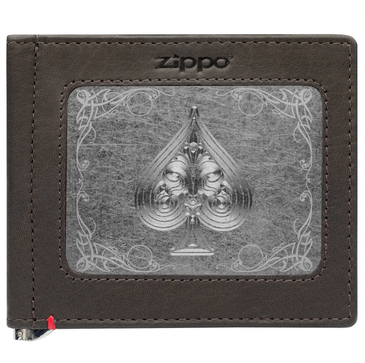 Front of mocha Leather Wallet With Spade Metal Plate - ID Window
