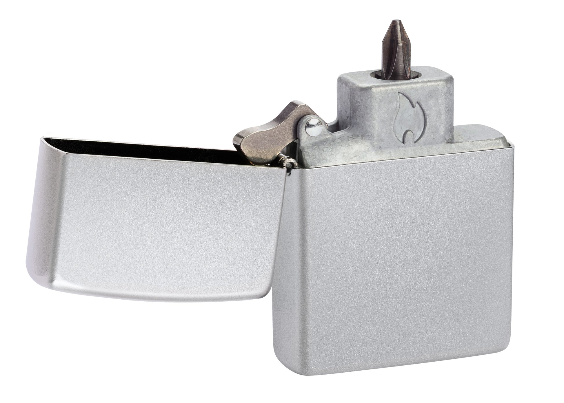 Zippo Bit Safe Screwdriver Satin Chrome Lighter Insert standing at a 3/4 angle with the Phillips head.

