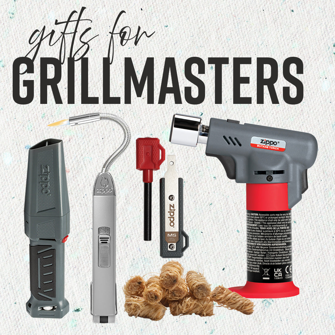 Gifts for grillmasters with Zippo products on a textured background