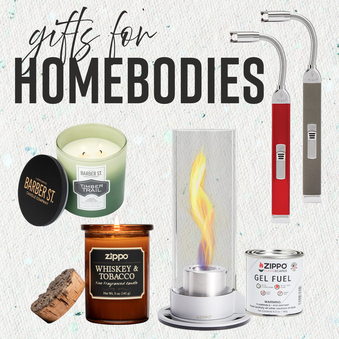 Gifts for homebodies including candles, a Zippo lighter, and a fuel canister on a textured background.