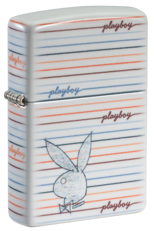 Front shot of Zippo Playboy Rabbit Silhouette Line Design White 540 Matte Windproof Lighter standing at a 3/4 angle.