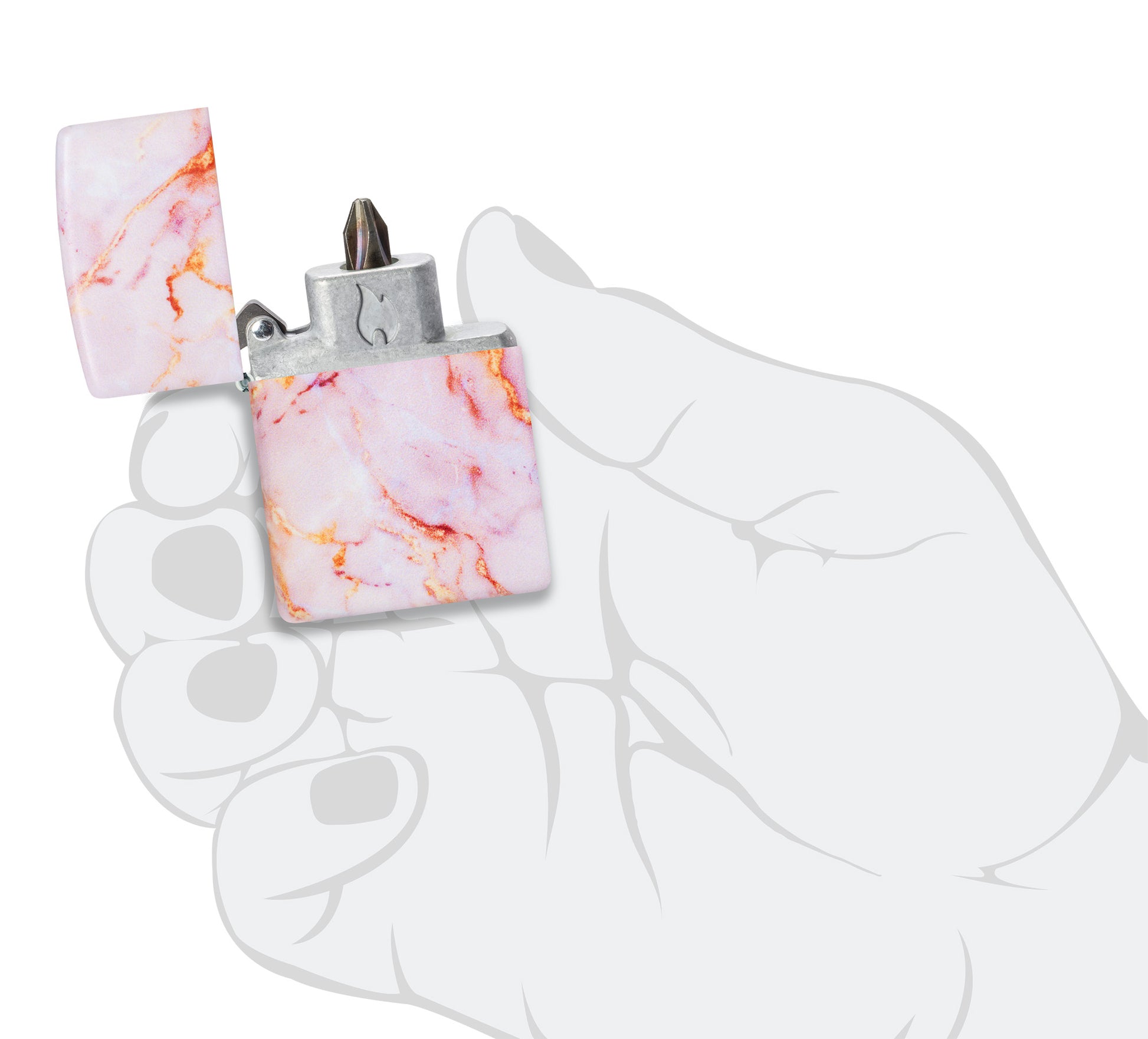 Front View of Zippo Pink Marble Bit Safe Design Windproof Lighter open in hand.