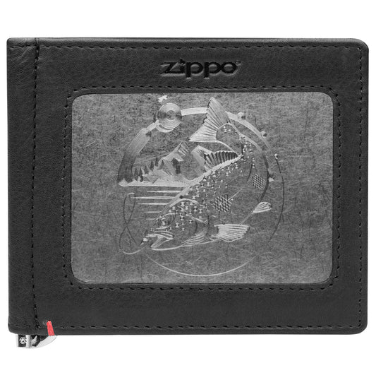 Front of black Leather Wallet With Bass Metal Plate Design - ID Window
