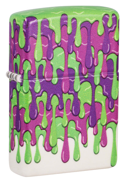 Front shot of Zippo Glowing Slime Design Glow in the Dark Windproof Lighter standing at a 3/4 angle.



