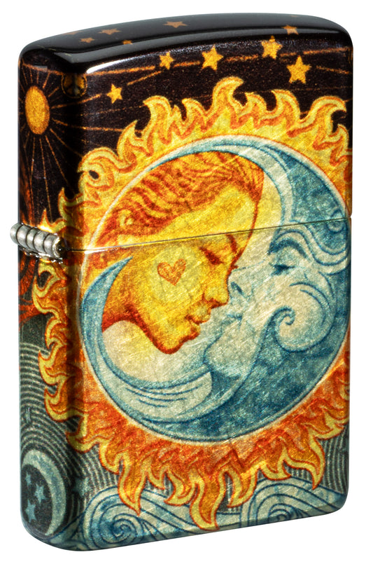 Front shot of Zippo Star-Crossed Lovers Design 540 Tumbled Brass Windproof Lighter standing at a 3/4 angle.