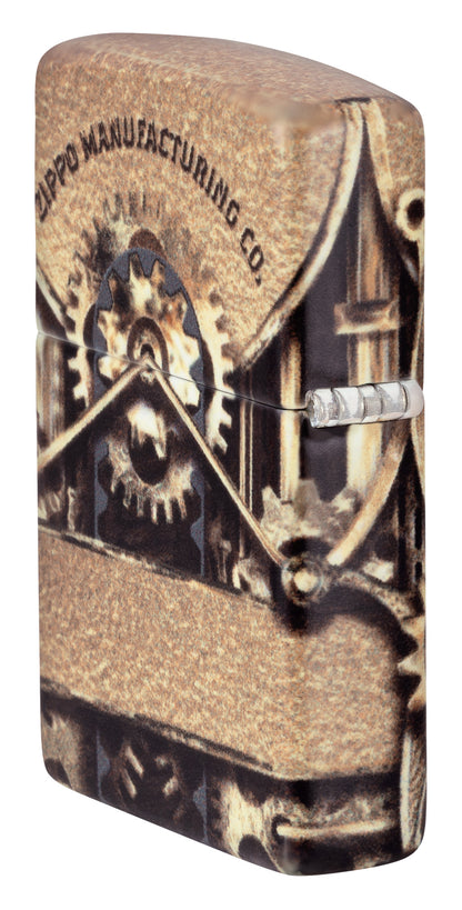Back Side View of Zippo Glowing Gears Design Glow in the Dark Windproof Lighter at 3/4 angle