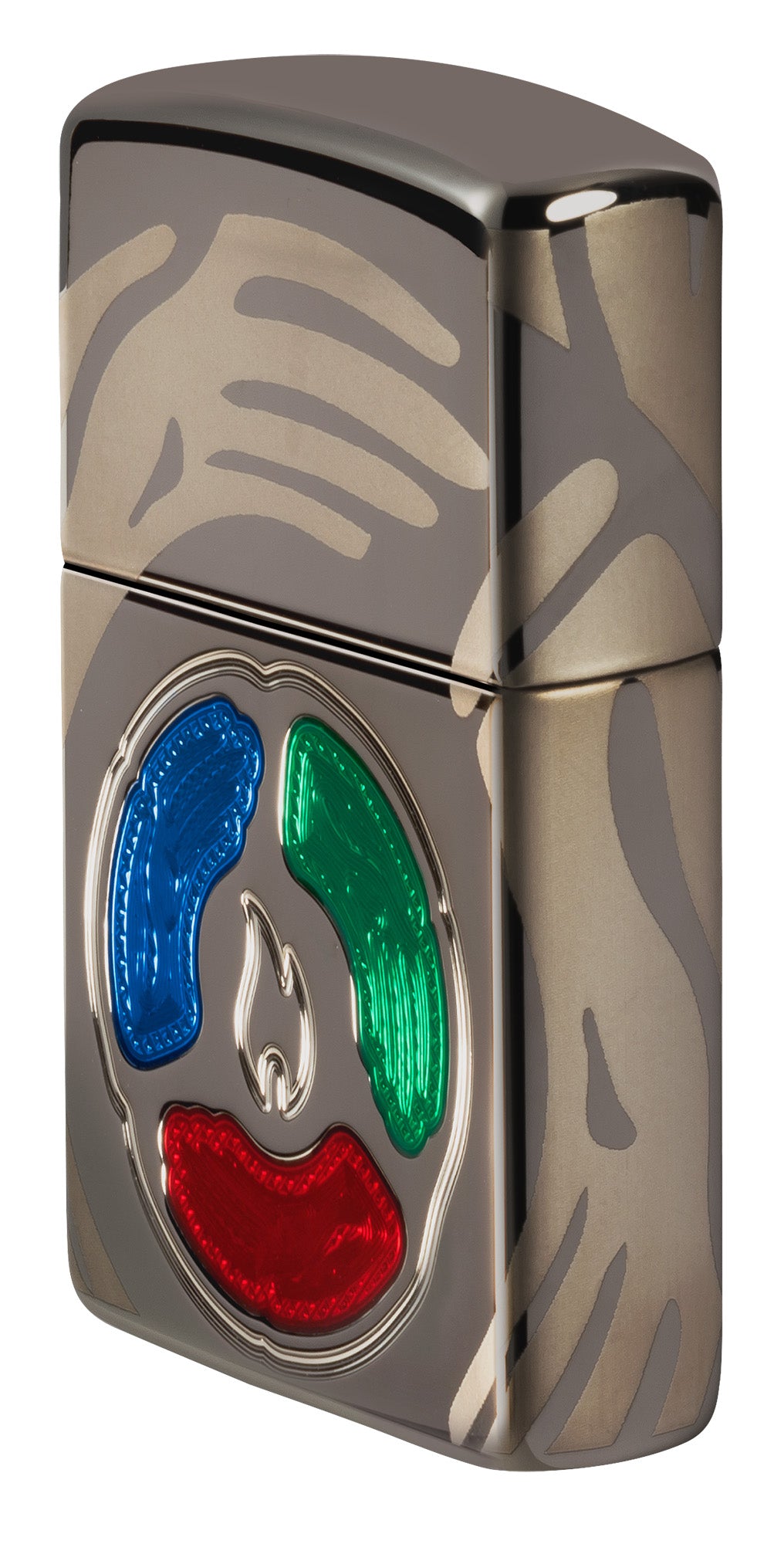 Angled shot of Zippo 2025 Collectible of the Year Windproof Lighter showing the front and right side of the lighter.