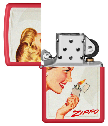 Zippo Vintage Ad Lighter Set Matte Windproof Lighters with its lid open and unlit.