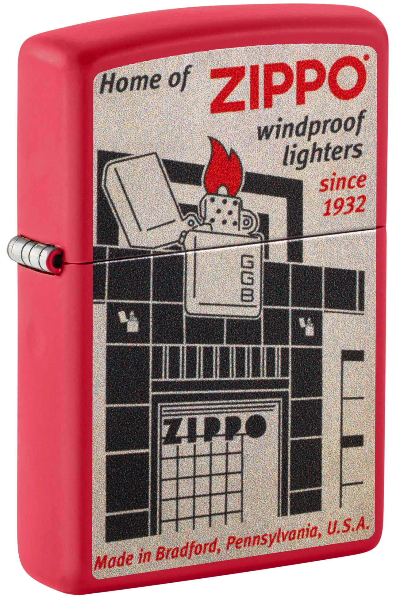 Front shot of Zippo Blueprint Design Red Matte Windproof Lighter standing at a 3/4 angle.



