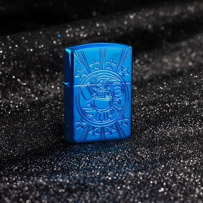 Lifestyle image of Zippo Starburst Design Armor® High Polish Blue Windproof Lighter standing with a black shimmer background.

