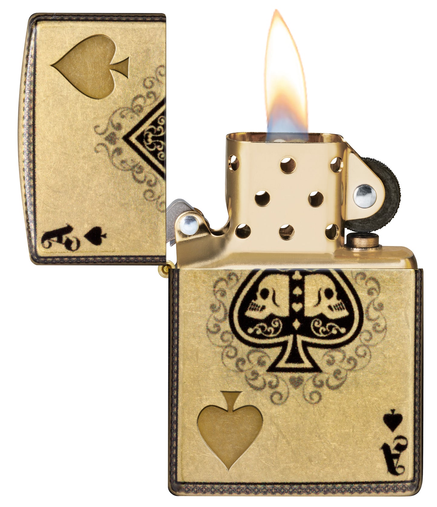 Zippo Ace of Skulls Design 540 Tumbled Brass Windproof Lighter with its lid open and lit.