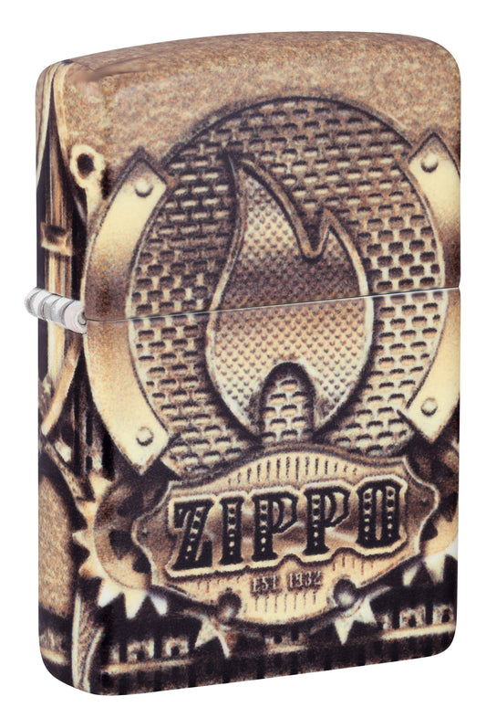 Front View of Zippo Glowing Gears Design Glow in the Dark Windproof Lighter at 3/4 angle