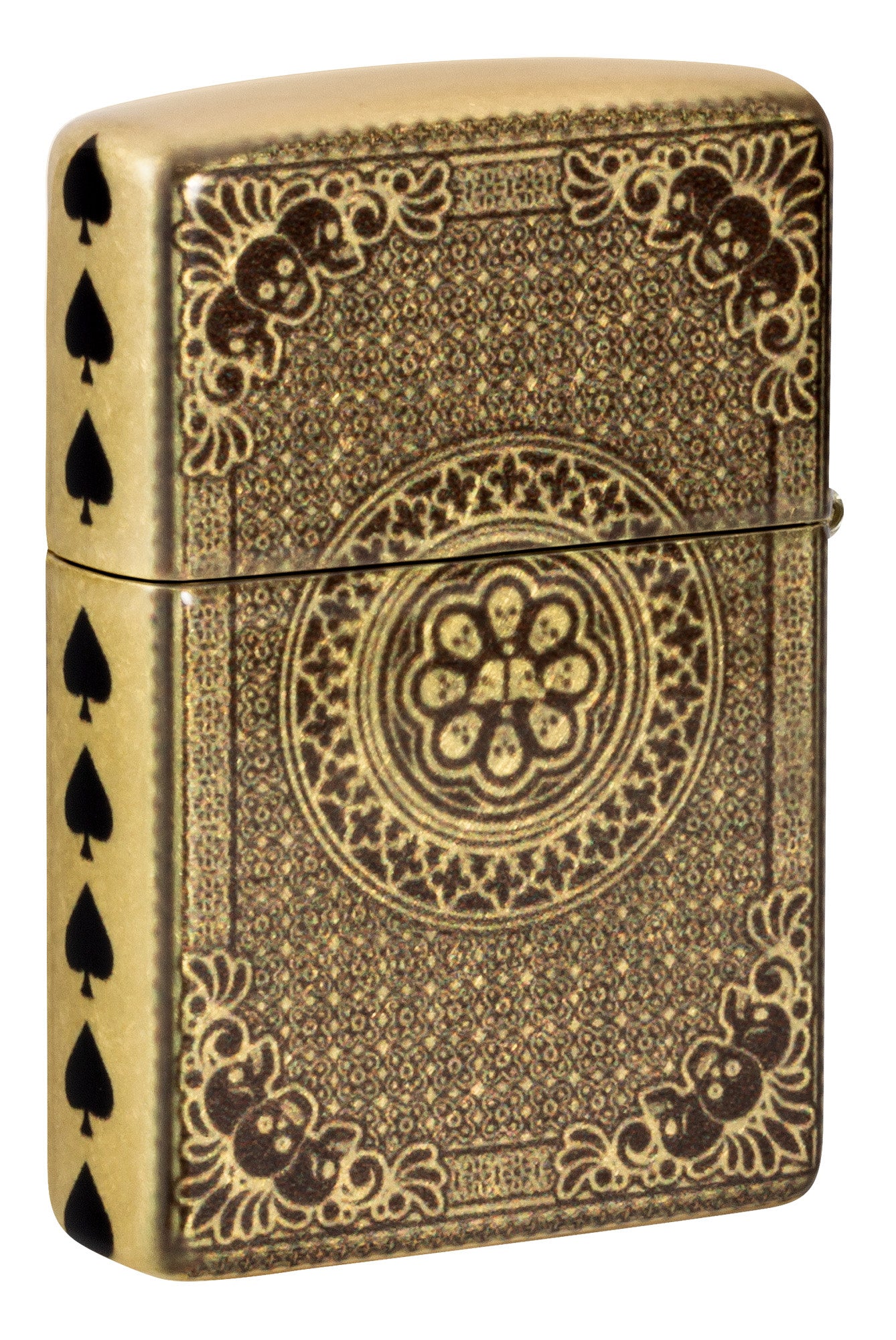 Back shot of Zippo Ace of Skulls Design 540 Tumbled Brass Windproof Lighter standing at a 3/4 angle.