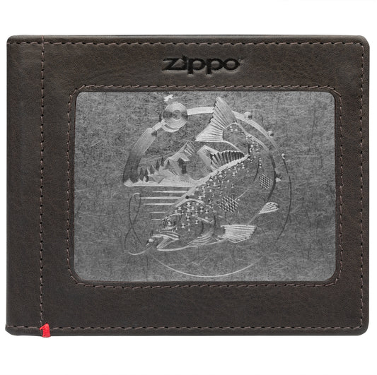 Front of mocha Leather Wallet With Bass Metal Plate - ID Window