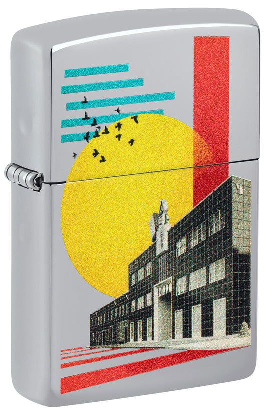 Front shot of Zippo Pop HQ Design High Polish Chrome Windproof Lighter standing at a 3/4 angle.