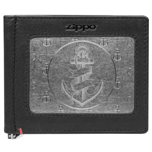 Front of black Leather Wallet With Anchor Metal Plate Design - ID Window