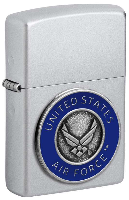 Front view of Zippo United States Air Forceâ„¢ Emblem Satin Chrome Windproof Lighter standing at a 3/4 angle.