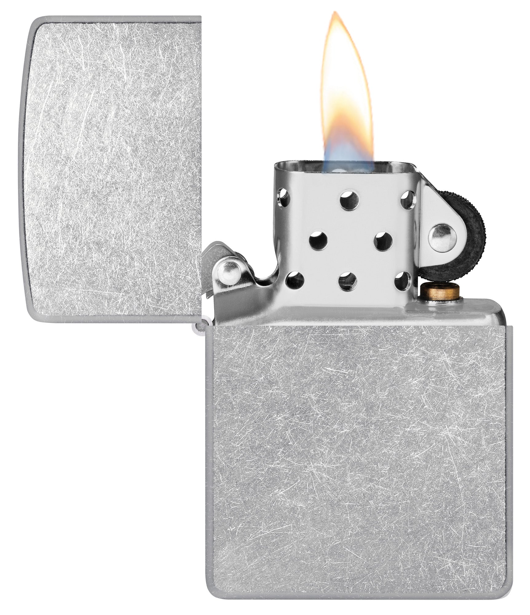 Street Chrome Windproof Lighter with its lid open and lit