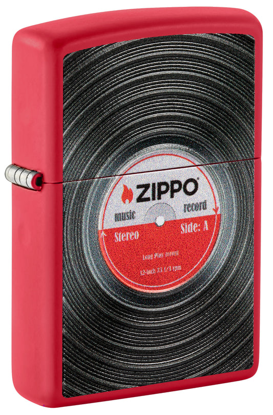 Front shot of Zippo VinylÂ Record Texture Print Red Matte Windproof Lighter standing at a 3/4 angle.