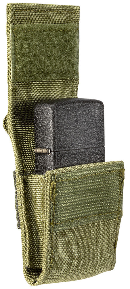 Side view of OD Green Tactical Pouch with included Black CrackleÂ® Windproof Lighter