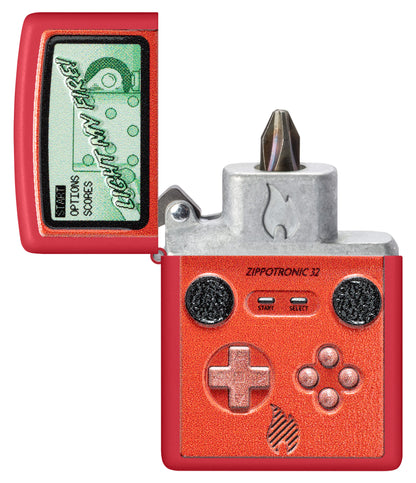 Zippotronic Design Windproof Lighter with its lid open and showing the Bit Safe Screwdriver USA. 