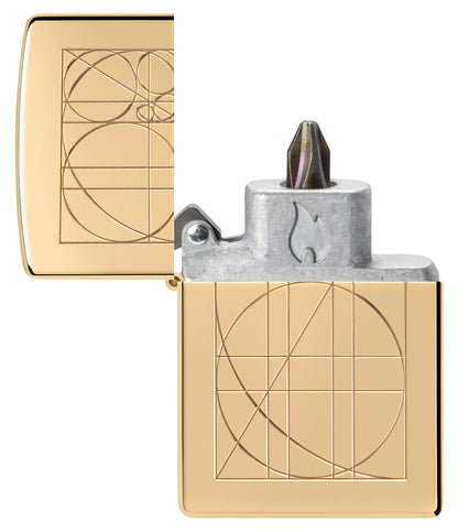 Zippo Armor® Golden Ratio Design Windproof Lighter with its lid open and showing the Bit Safe Screwdriver USA. 