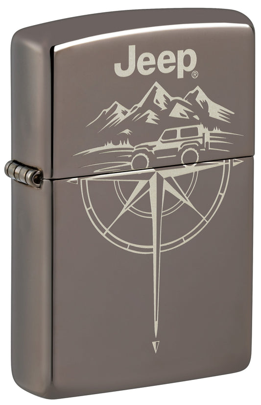 Front shot of Zippo Jeep® Wilderness Design Black Ice Windproof Lighter standing at a 3/4 angle.