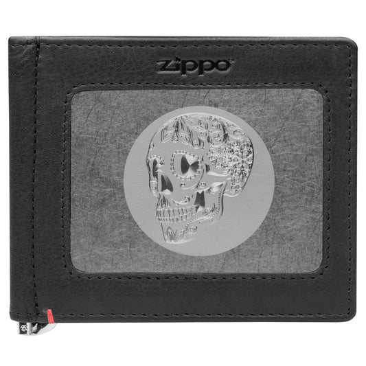 Front of black Leather Wallet With Skull Metal Plate - ID Window