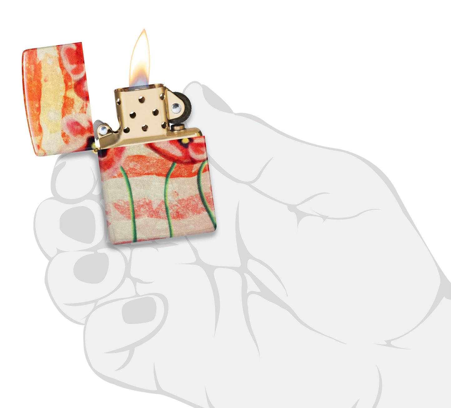 Zippo American Poppie Design 540 Fusion Windproof Lighter In Hand, open and classic insert lit.