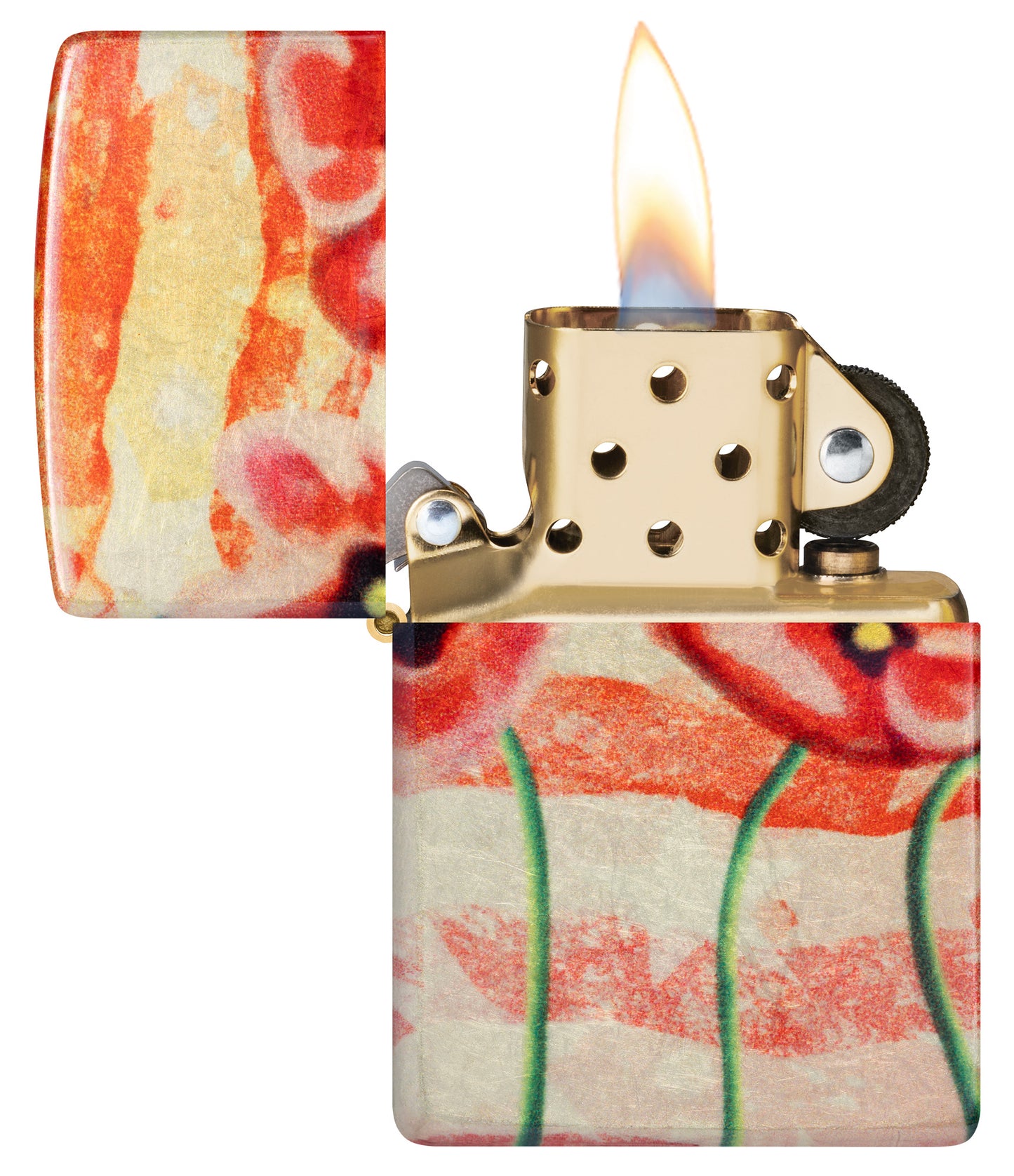 Zippo American Poppie Design 540 Fusion Windproof Lighter with its lid open and classic insert lit.