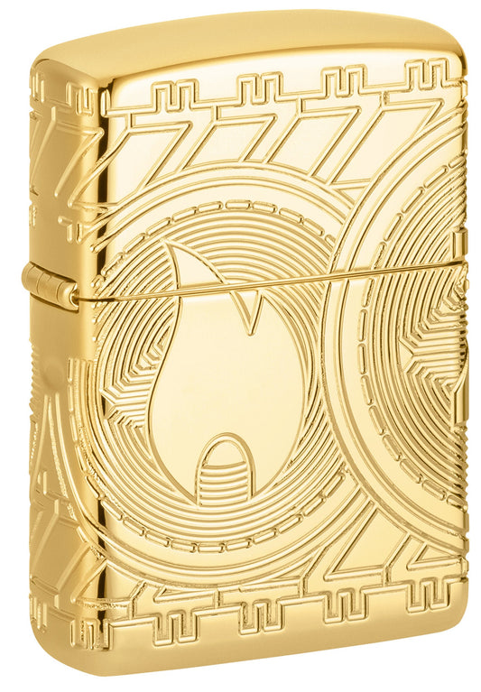Front shot of Currency Design ArmorÂ® High Polish Gold Windproof Lighter standing at a 3/4 angle