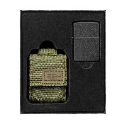OD Green Tactical Pouch and Black CrackleÂ® Windproof Lighter Gift Set in packaging