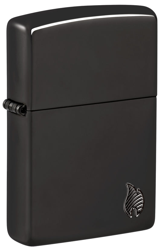 Front shot of Zippo ArmorÂ® Series Flame High Polish Black Windproof Lighter standing at a 3/4 angle.