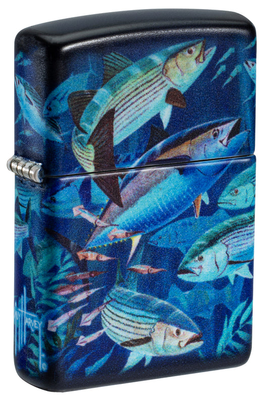 Front shot of Zippo Guy Harvey School of Fish Design White 540 Matte Windproof Lighter standing at a 3/4 angle.