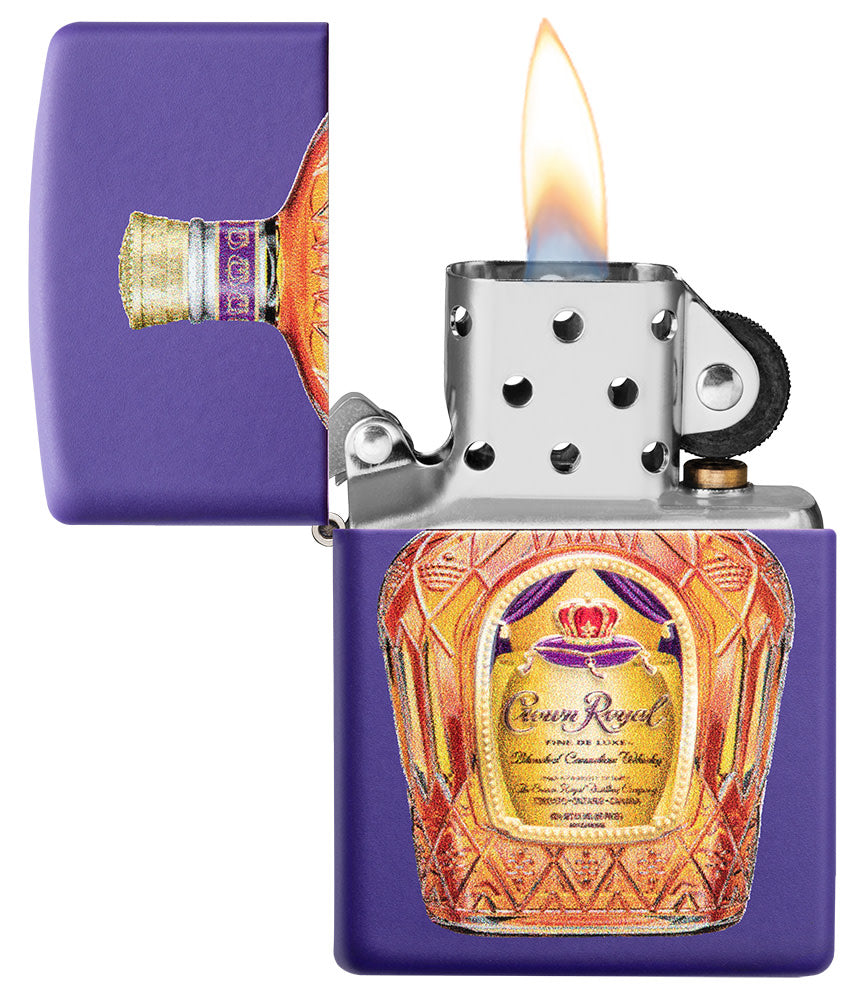 Crown RoyalÂ® Purple Matte Windproof Lighter with its lid open and lit.