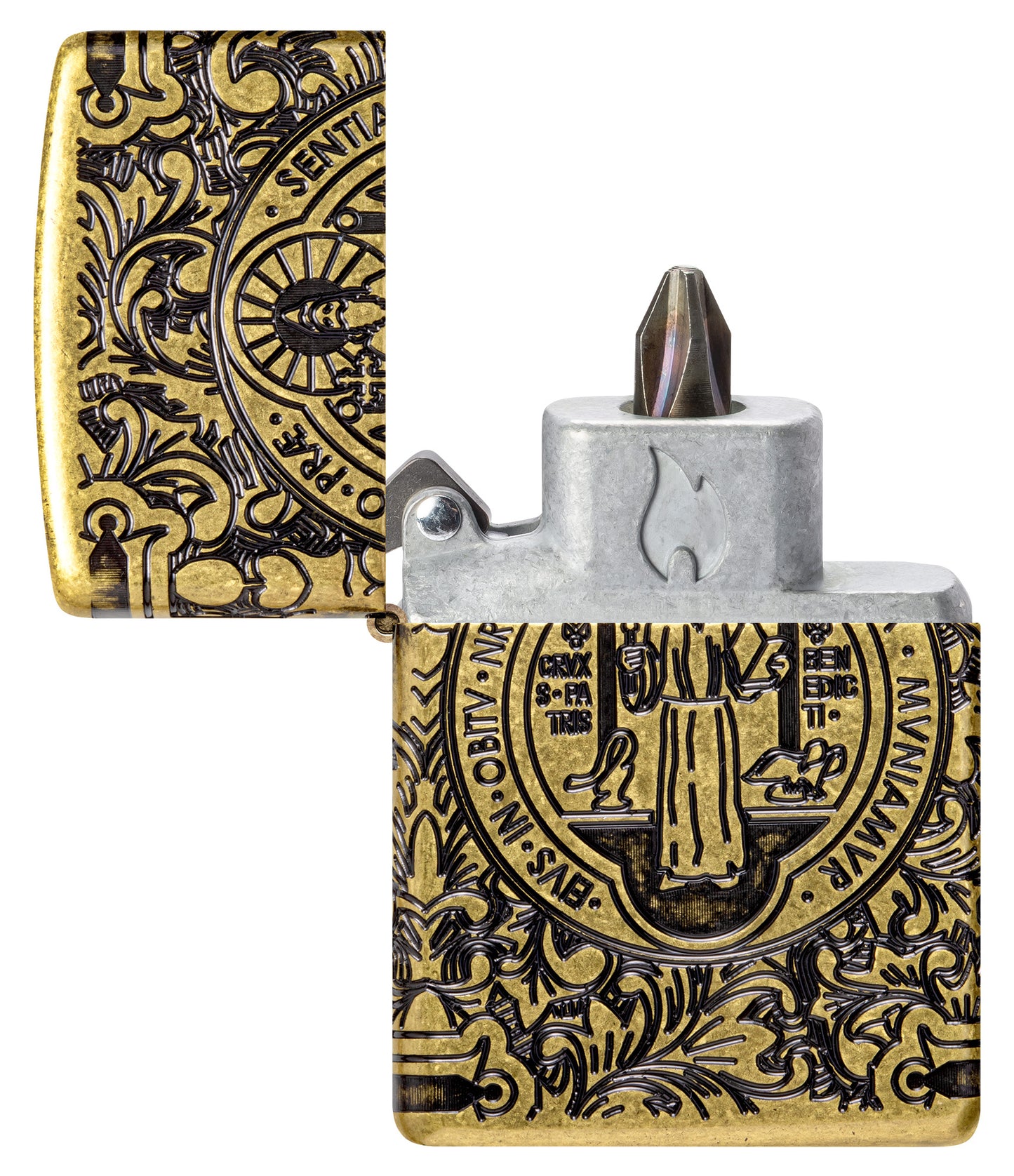 St Benedict Design Windproof Lighter with its lid open and showing the Bit Safe Screwdriver USA. 