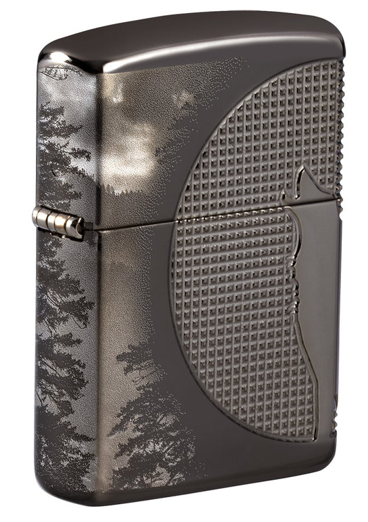 Front shot of Wolf Design Armor® Black Ice® Windproof Lighter standing at a 3/4 angle