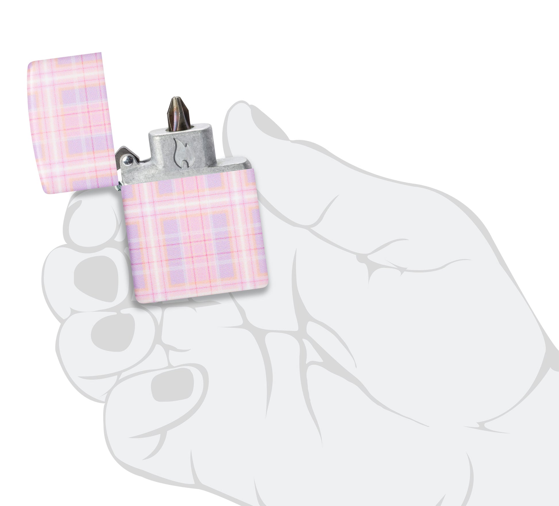 Zippo Pink Plaid Bit Safe Design Windproof Lighter open in hand