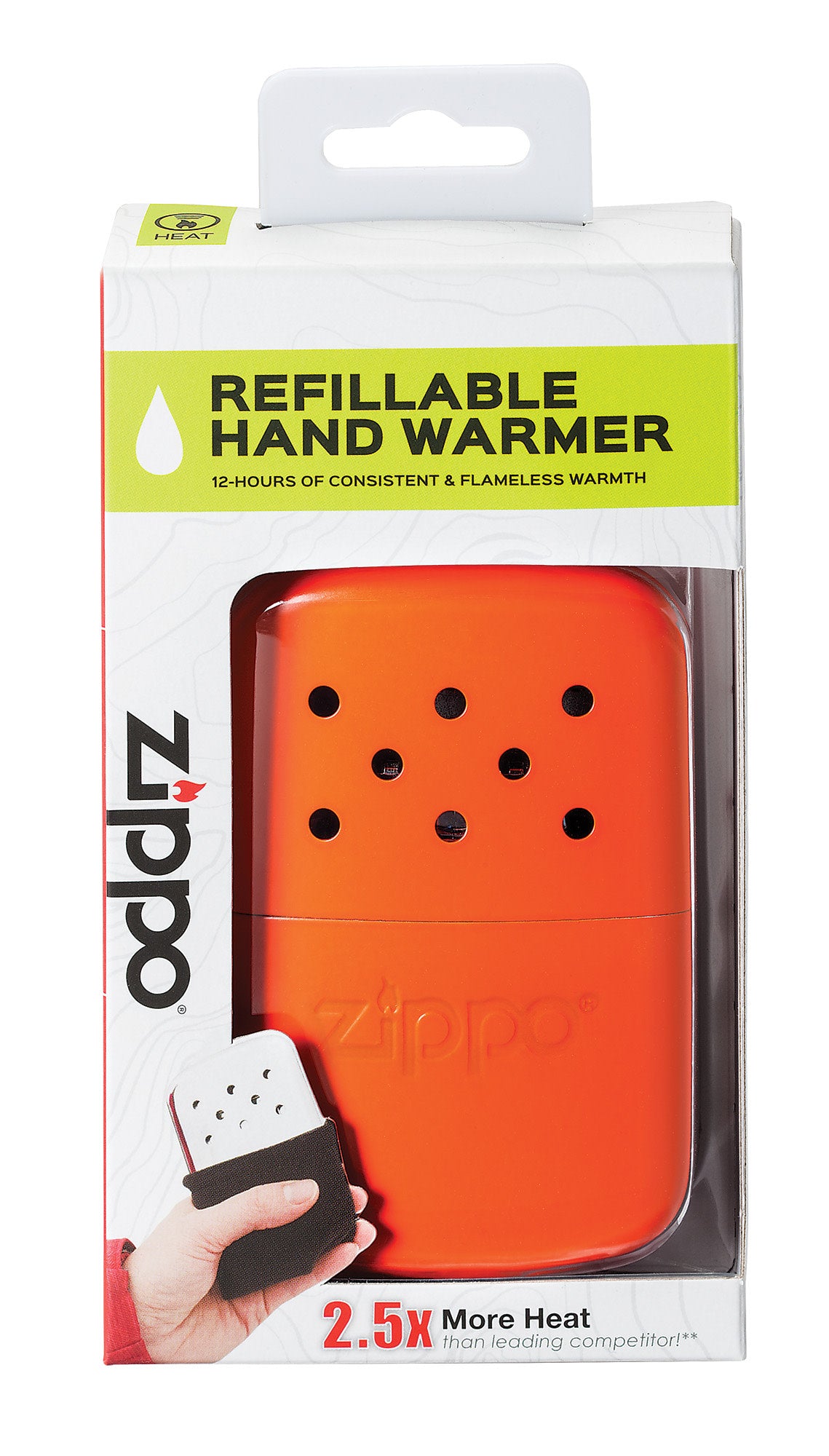12-Hour Orange Refillable Hand Warmer in the packaging