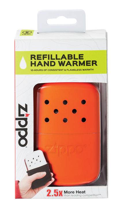 12-Hour Orange Refillable Hand Warmer in the packaging