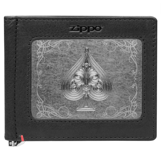 Front of black Leather Wallet With Spade Metal Plate Design - ID Window