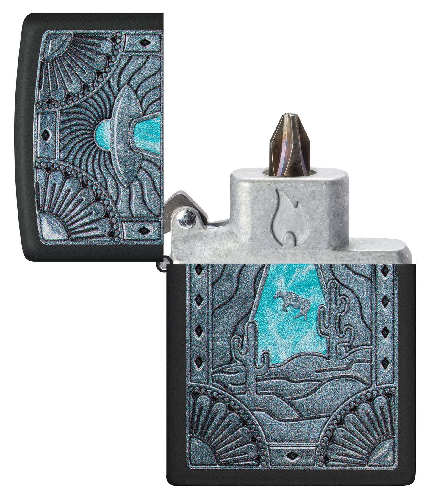 Zippo Cow Abduction Design Windproof Lighter with its lid open and showing the Bit Safe Screwdriver USA. 