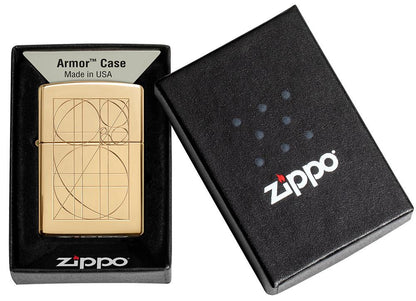 Golden Ratio ArmorÂ® High Polish Brass Windproof Lighter in its packaging