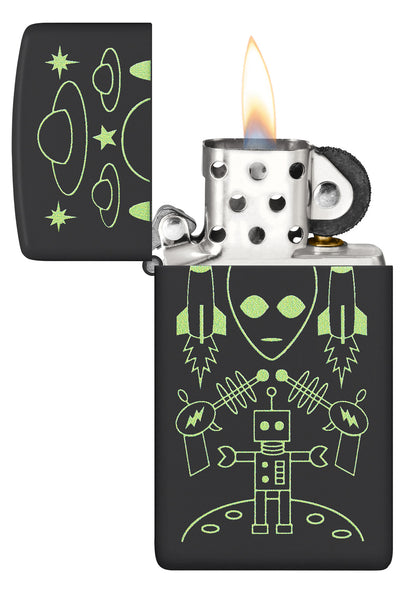 Zippo Alien Invasion Design SlimÂ® Black Matte Windproof Lighter with its lid open and lit.